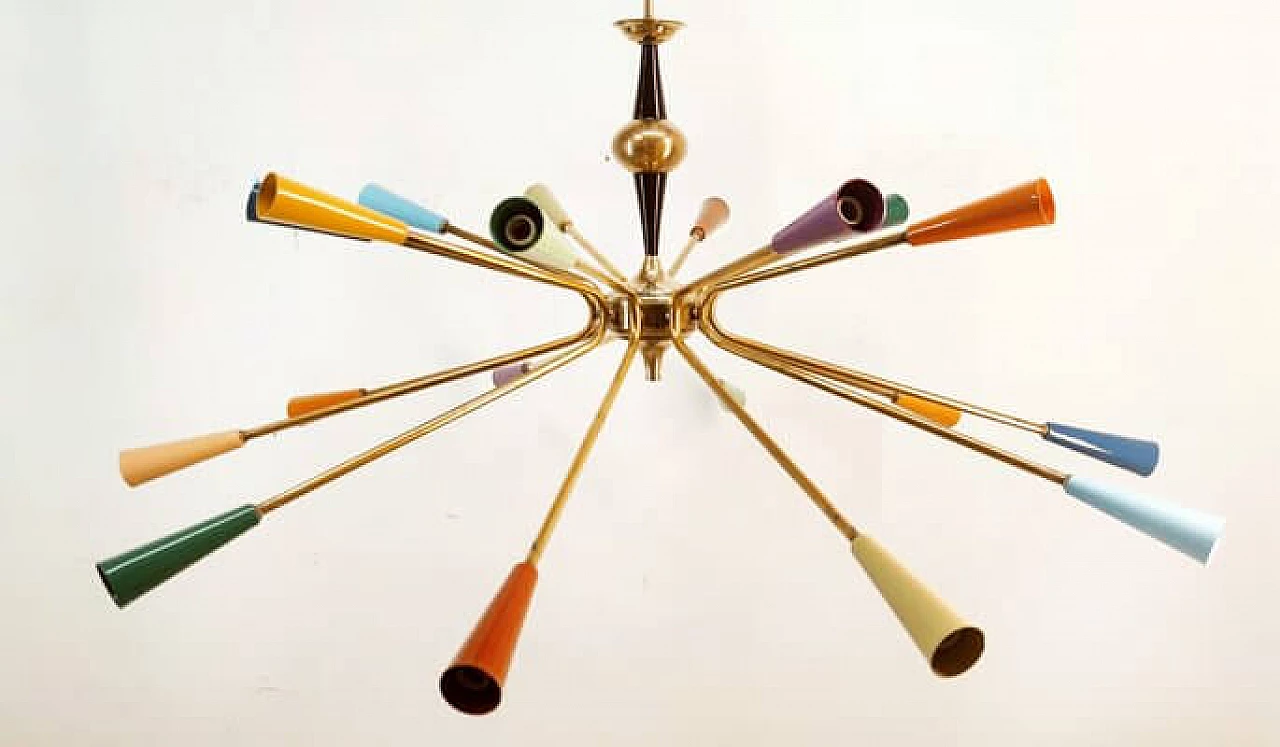 Brass and multicolored aluminum Sputnik chandelier by Stilnovo, 1960s 6