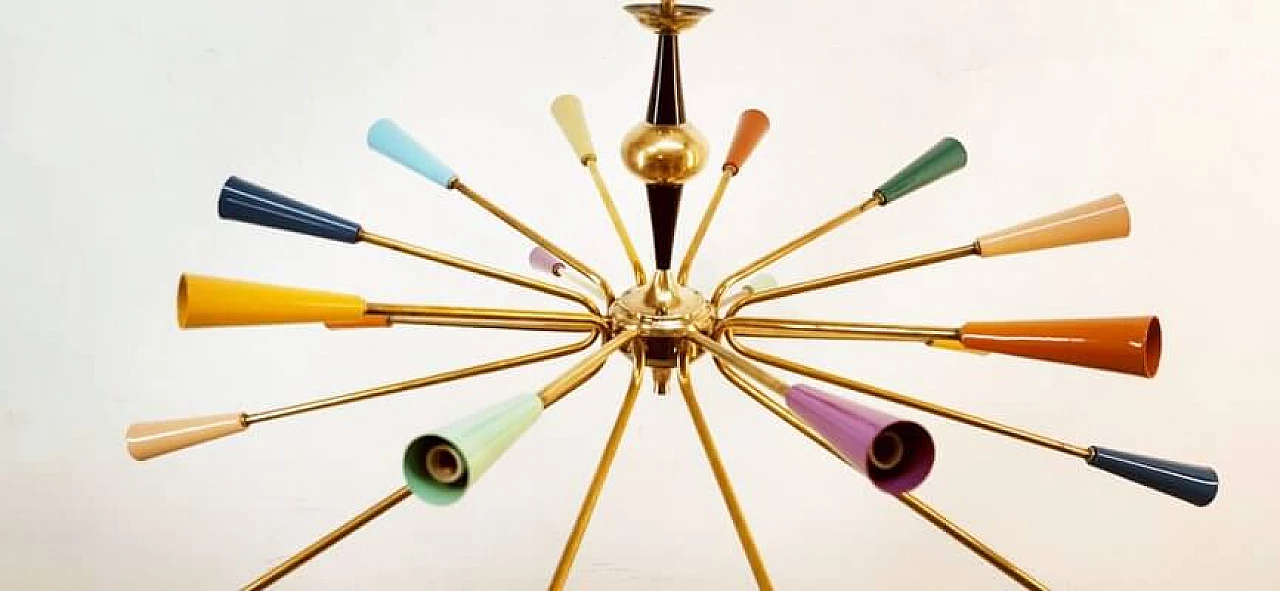 Brass and multicolored aluminum Sputnik chandelier by Stilnovo, 1960s 7