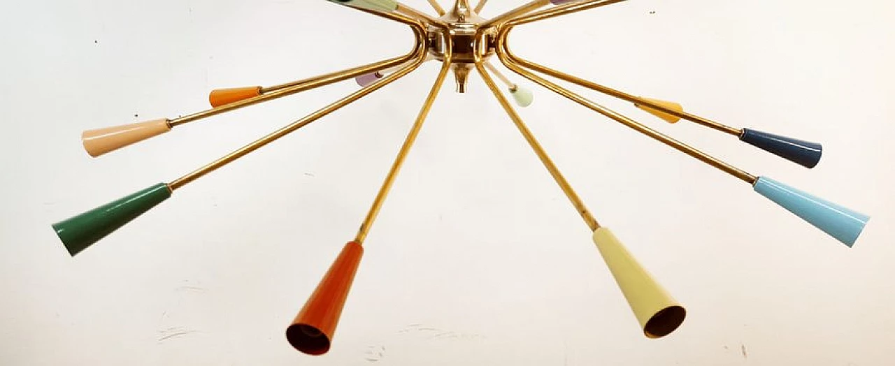Brass and multicolored aluminum Sputnik chandelier by Stilnovo, 1960s 8