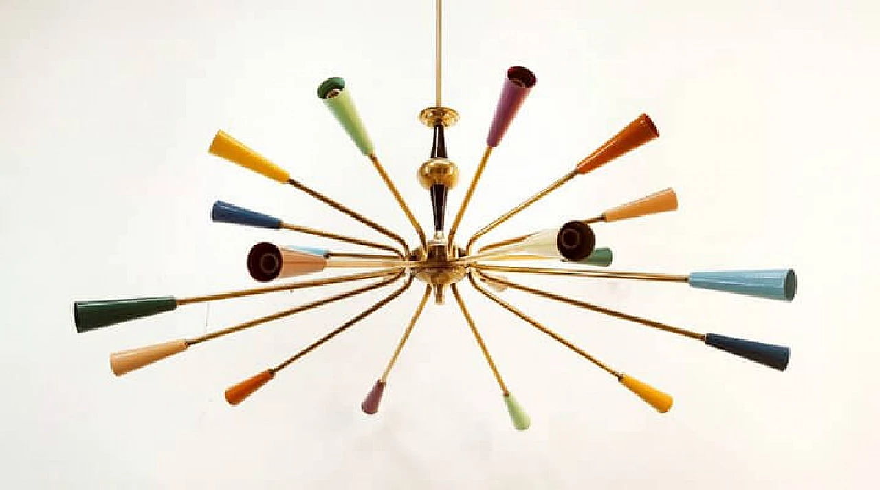 Brass and multicolored aluminum Sputnik chandelier by Stilnovo, 1960s 9