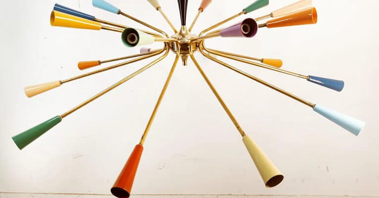 Brass and multicolored aluminum Sputnik chandelier by Stilnovo, 1960s 10
