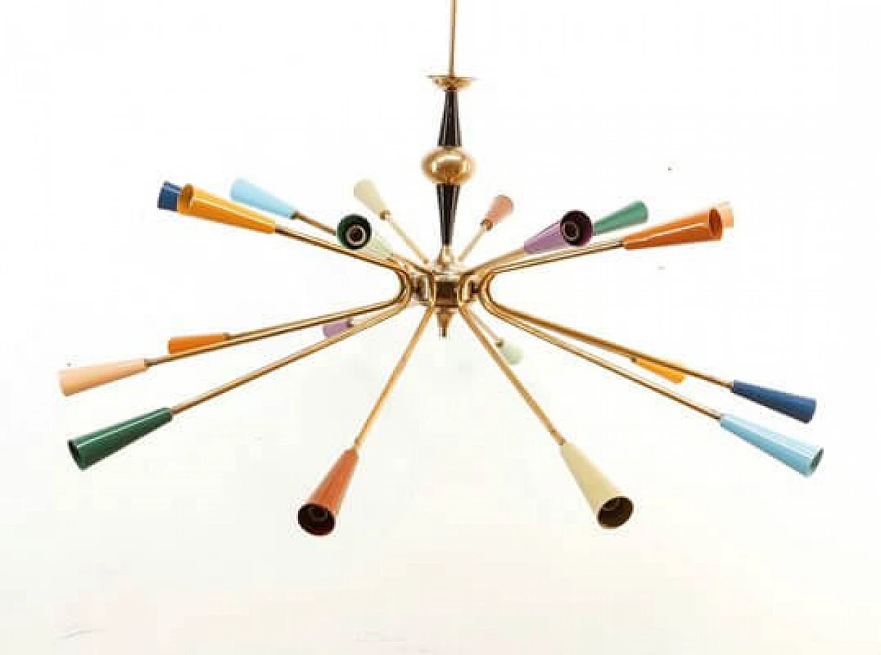 Brass and multicolored aluminum Sputnik chandelier by Stilnovo, 1960s 11