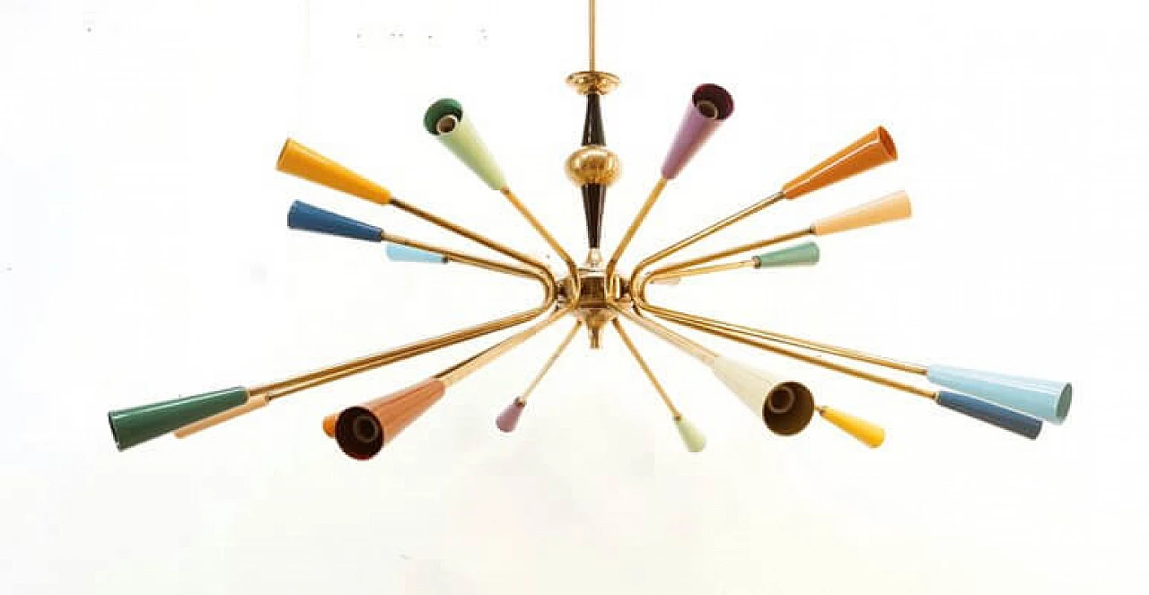 Brass and multicolored aluminum Sputnik chandelier by Stilnovo, 1960s 12