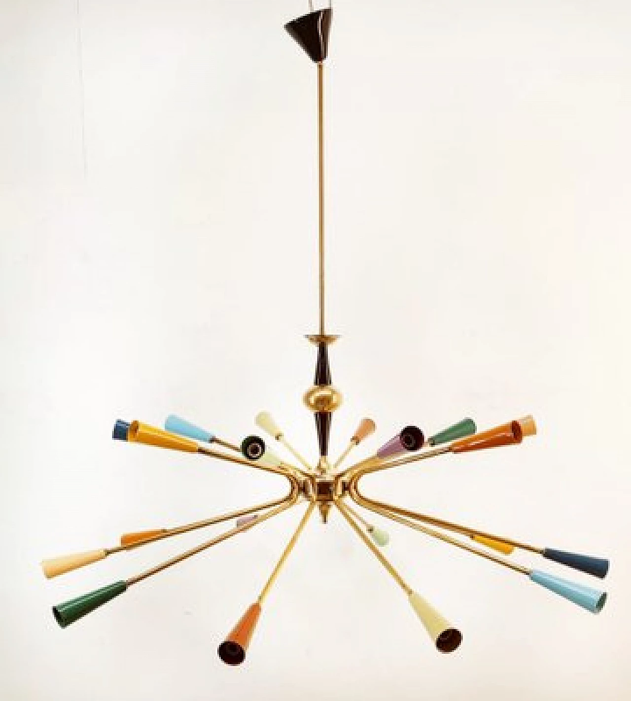 Brass and multicolored aluminum Sputnik chandelier by Stilnovo, 1960s 13