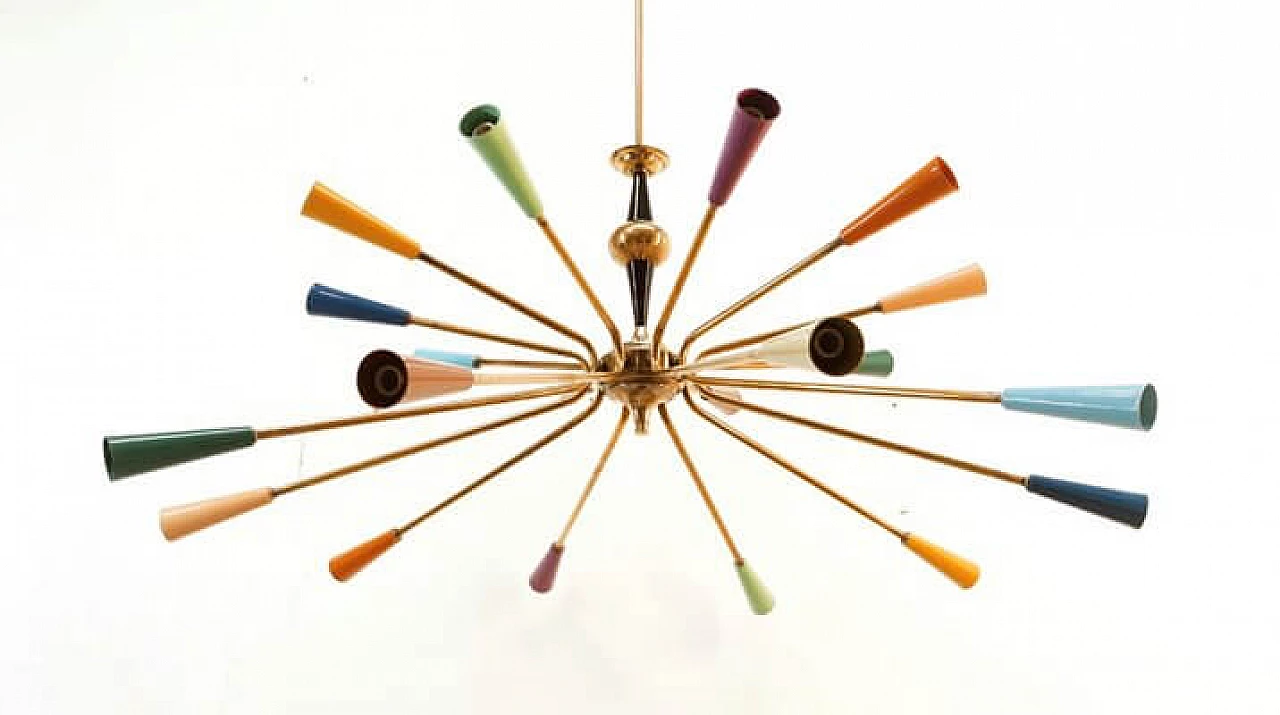 Brass and multicolored aluminum Sputnik chandelier by Stilnovo, 1960s 14