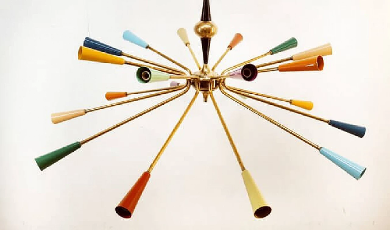 Brass and multicolored aluminum Sputnik chandelier by Stilnovo, 1960s 25