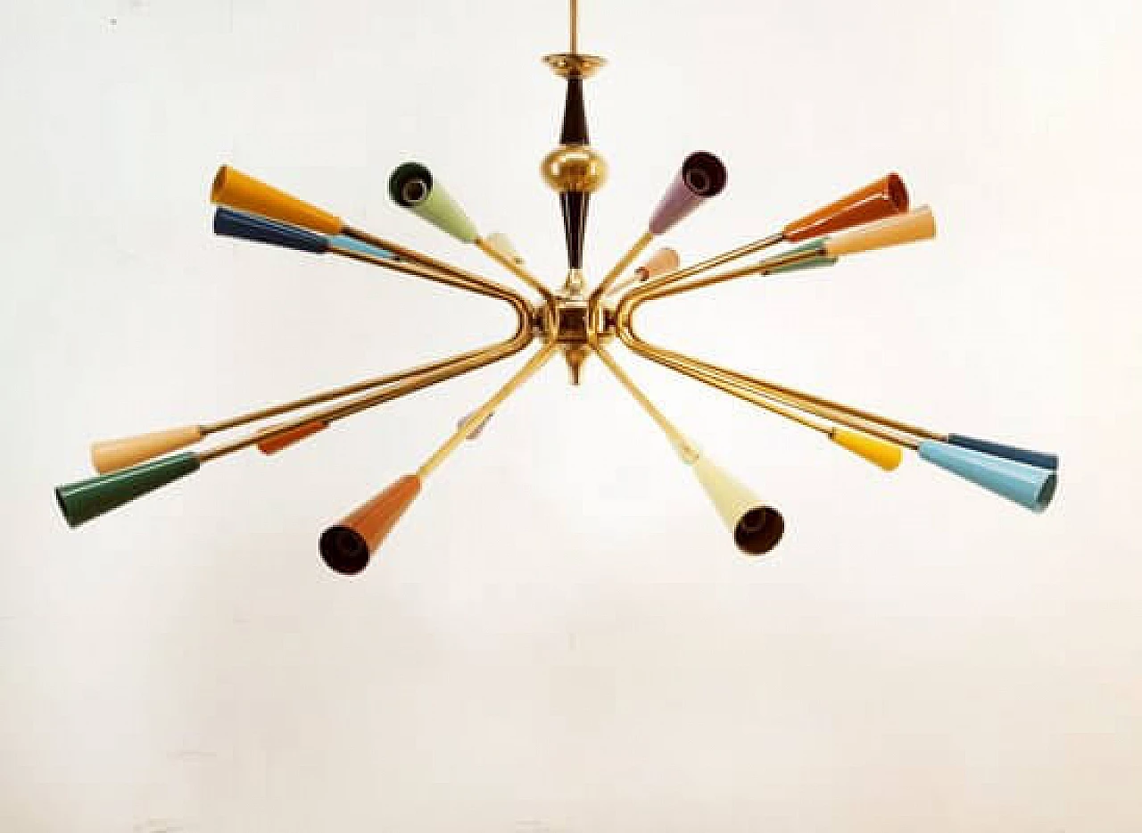 Brass and multicolored aluminum Sputnik chandelier by Stilnovo, 1960s 26