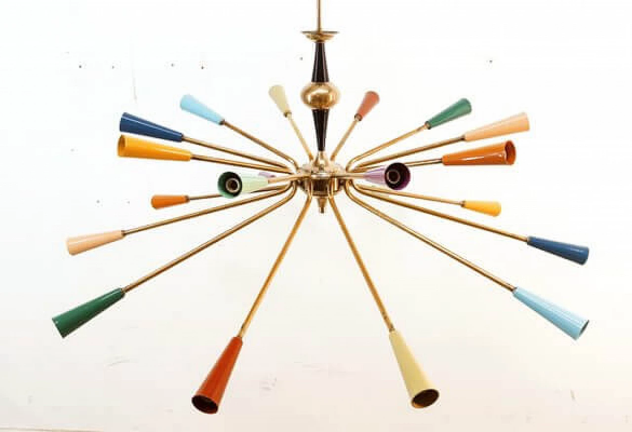 Brass and multicolored aluminum Sputnik chandelier by Stilnovo, 1960s 27