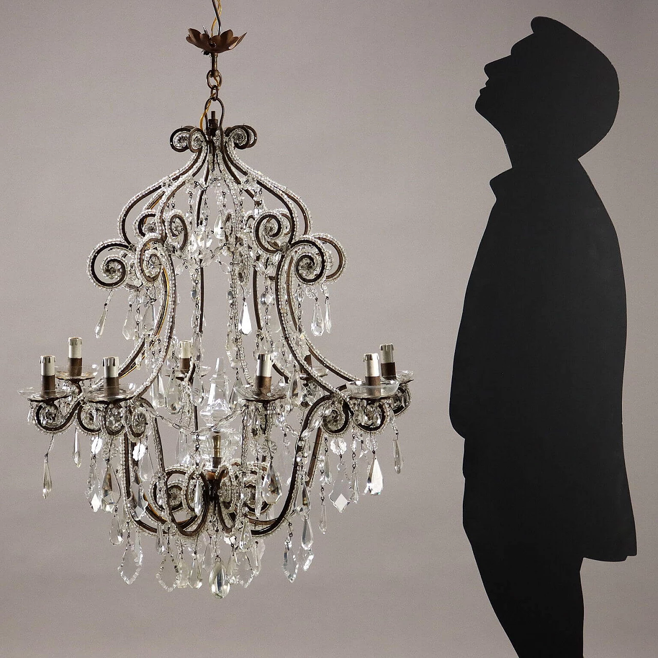 Eight-light metal and glass chandelier, early 20th century 2