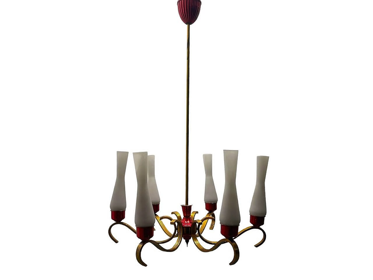 Brass, red aluminum and opaline glass chandelier, 1950s 1