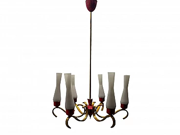 Brass, red aluminum and opaline glass chandelier, 1950s