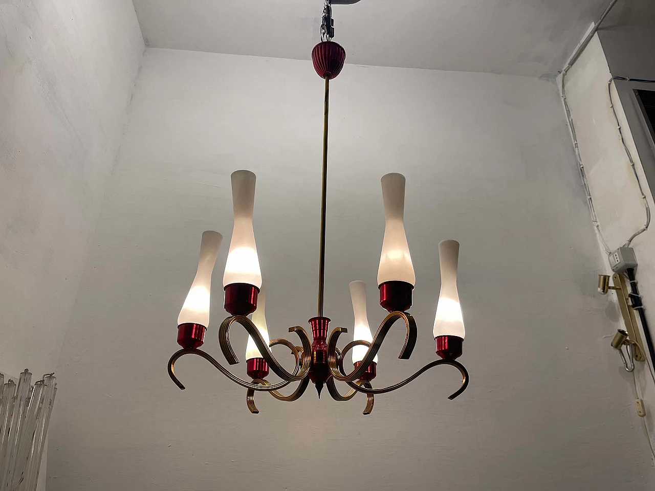 Brass, red aluminum and opaline glass chandelier, 1950s 2
