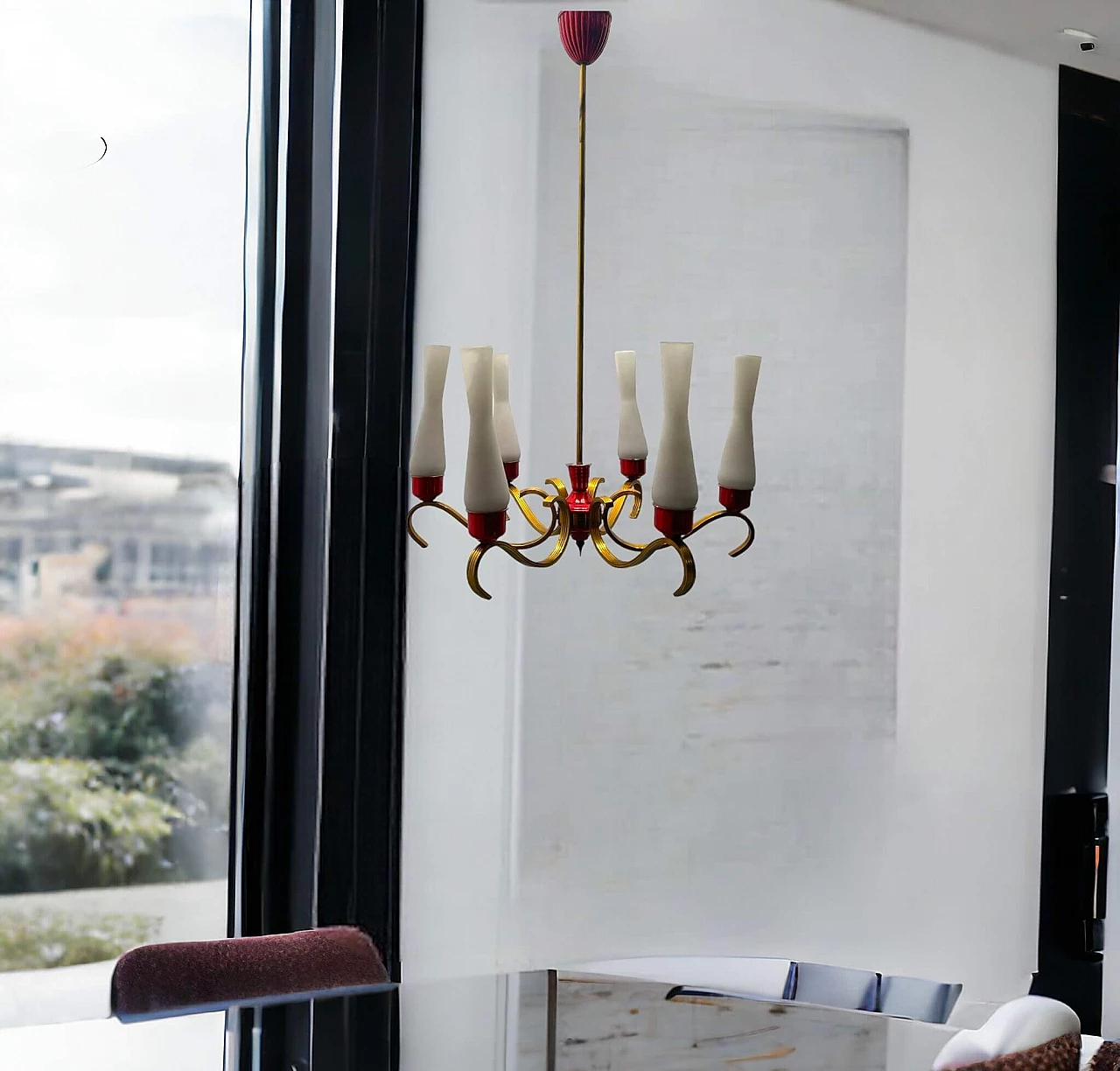 Brass, red aluminum and opaline glass chandelier, 1950s 3