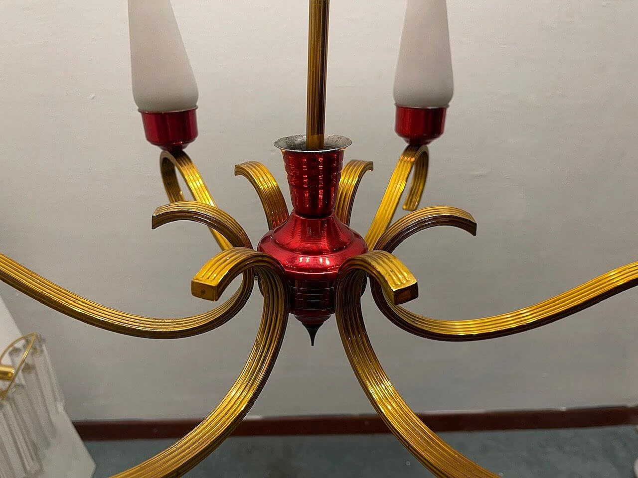 Brass, red aluminum and opaline glass chandelier, 1950s 4