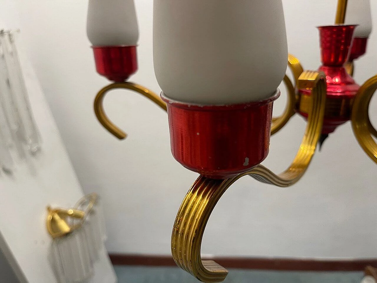 Brass, red aluminum and opaline glass chandelier, 1950s 5