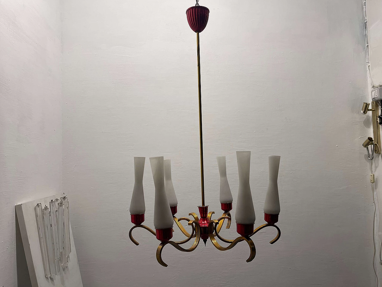 Brass, red aluminum and opaline glass chandelier, 1950s 6