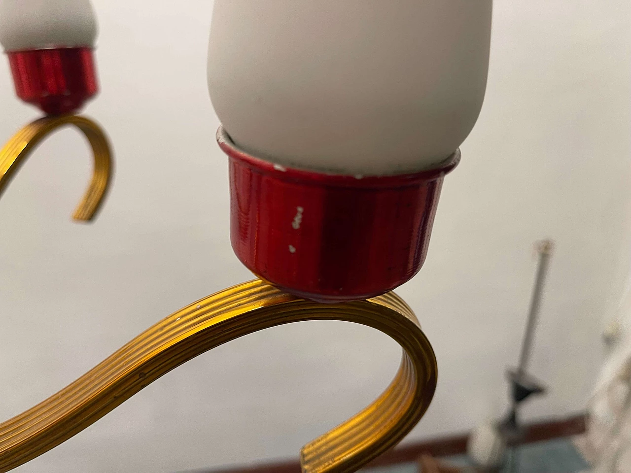 Brass, red aluminum and opaline glass chandelier, 1950s 7
