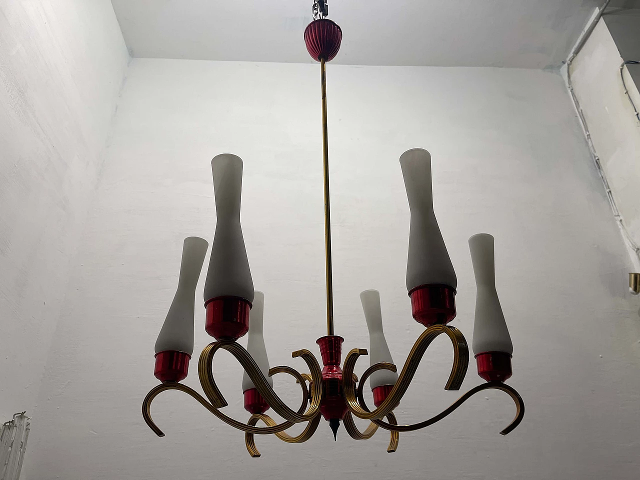 Brass, red aluminum and opaline glass chandelier, 1950s 8