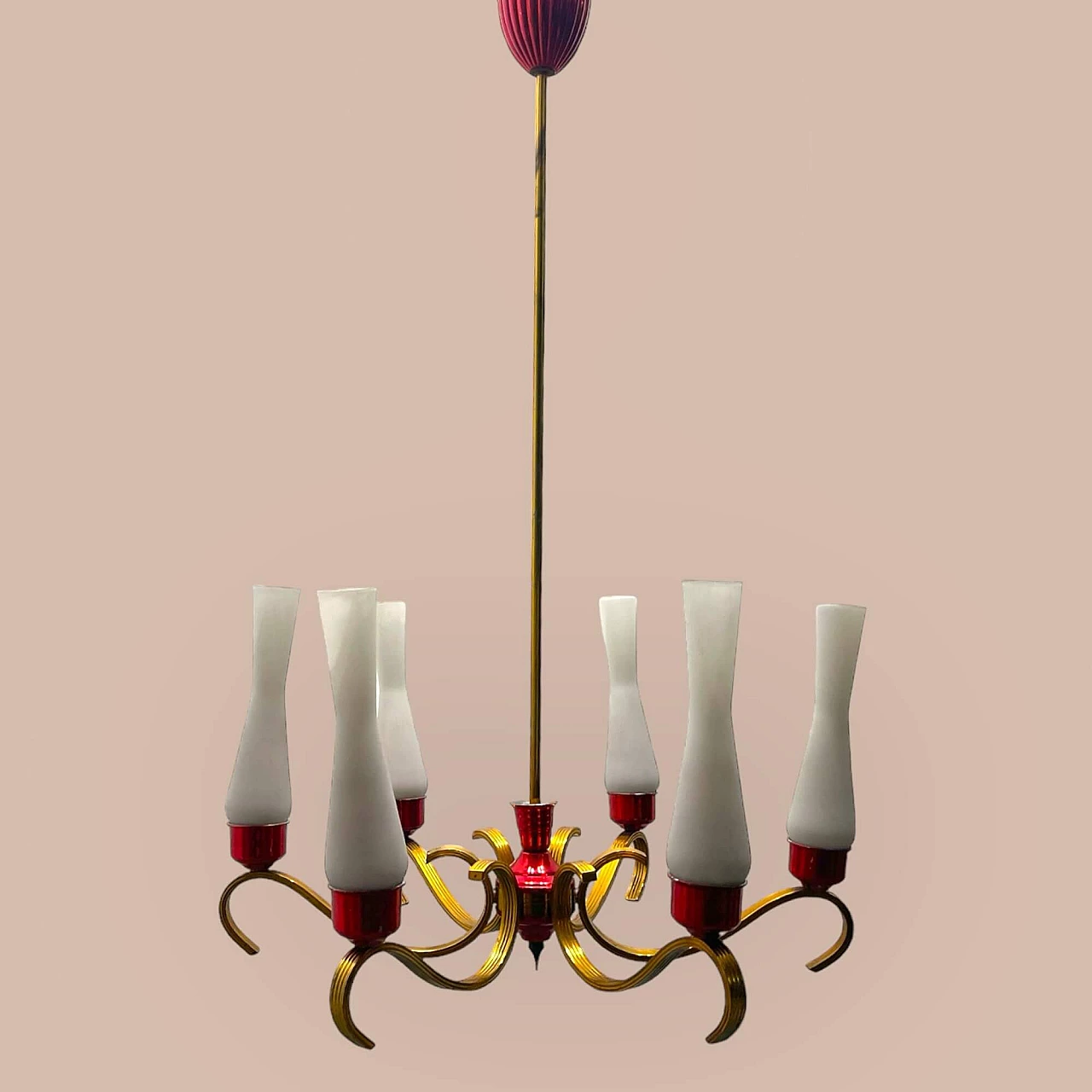 Brass, red aluminum and opaline glass chandelier, 1950s 10