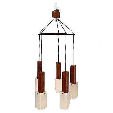 Five-light teak and acrylic chandelier by Guzzini, 1960s