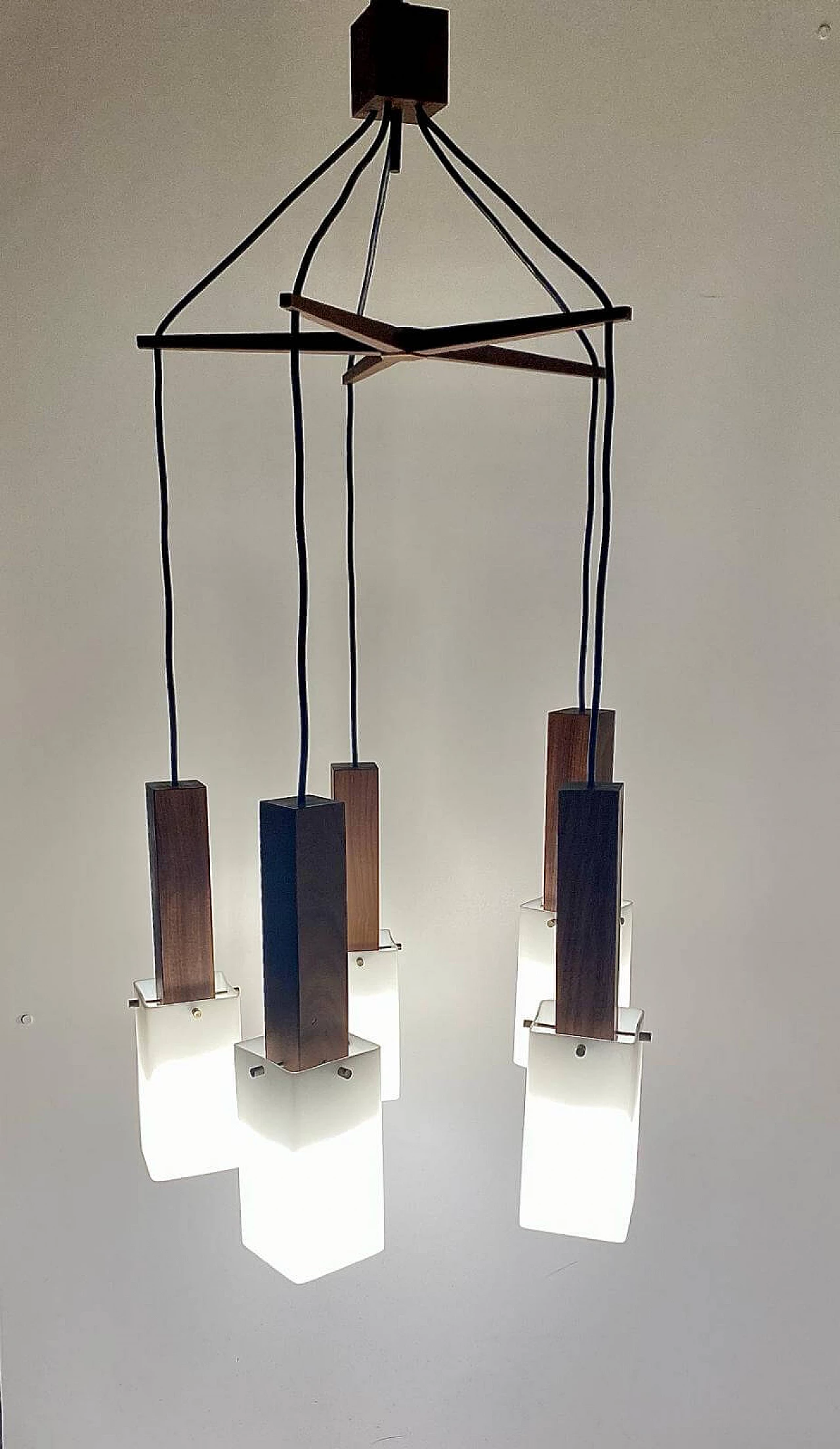 Five-light teak and acrylic chandelier by Guzzini, 1960s 2