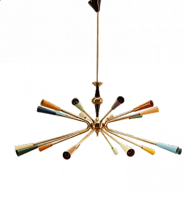 Brass and multicolored aluminum Sputnik chandelier by Stilnovo, 1960s