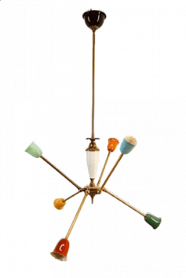 Multicolor aluminum and brass adjustable Sputnik chandelier, 1950s