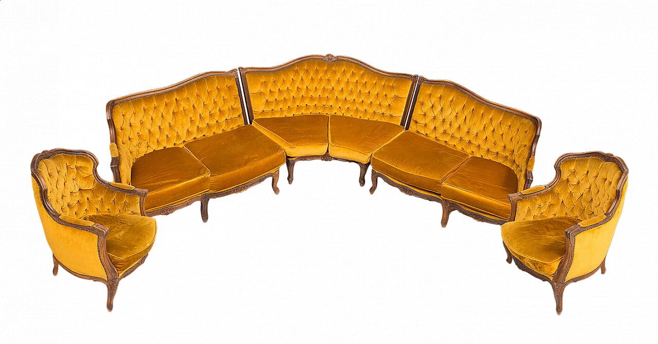 Solid walnut corner sofa with pair of armchairs in Louis XV style, 1940s 4