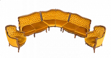 Divano ad angolo con coppia di poltrone in massello di noce in stile Luigi XV, anni '40