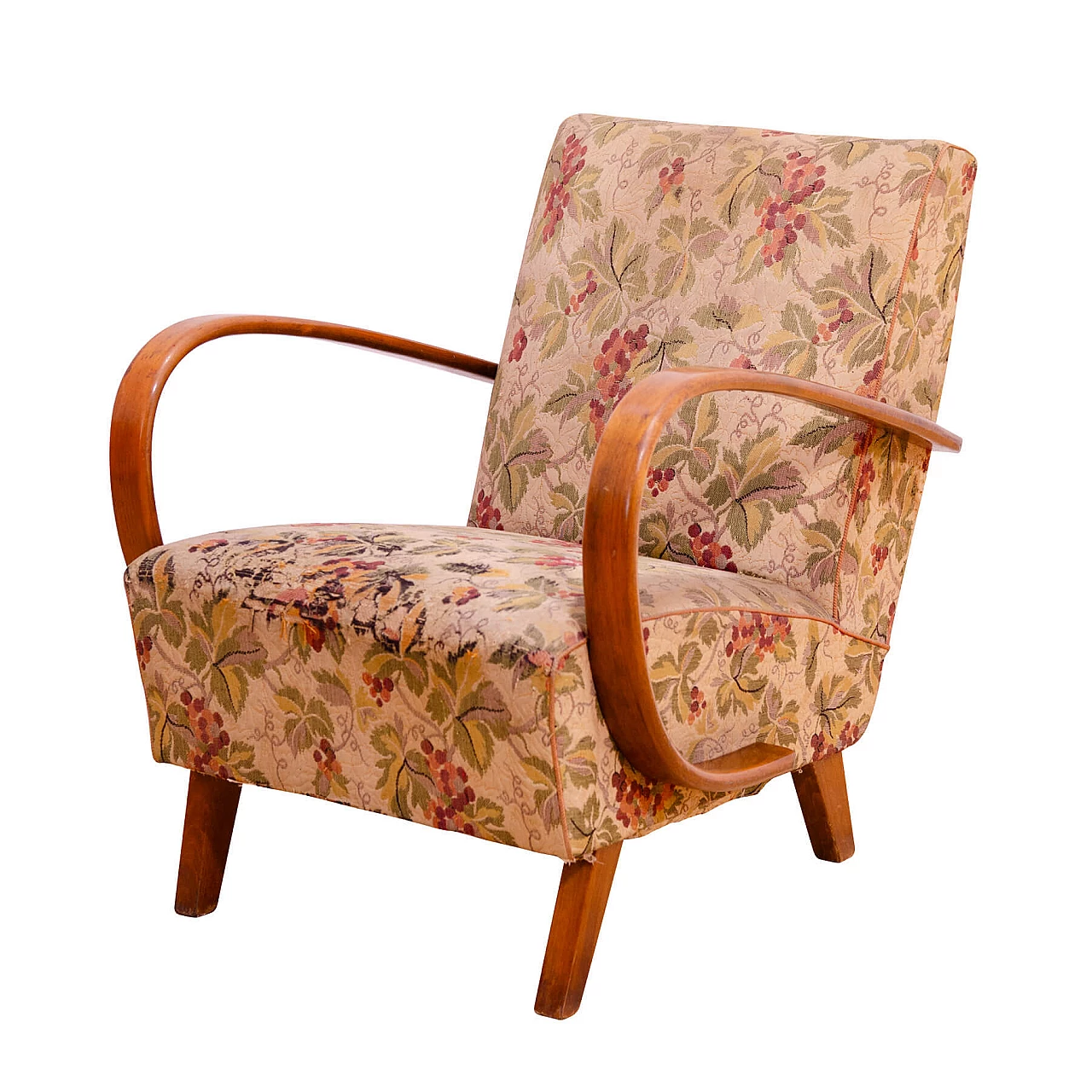 Bent wood and floral fabric armchair by Jindřich Halabala for UP Závody, 1950s 1