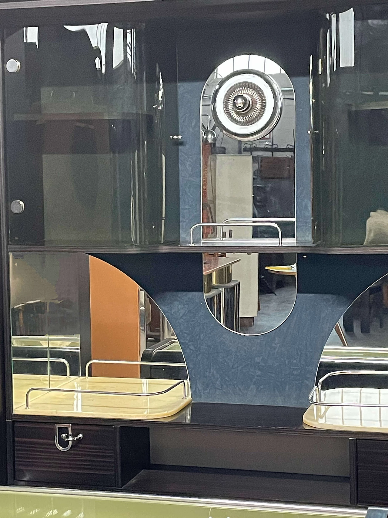 Mobile bar con bancone in legno, metallo e vetro, anni '70 6