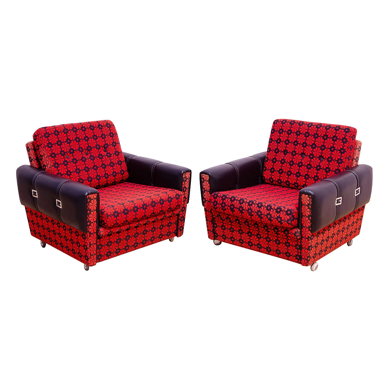 Pair of Czechoslovakian leatherette and fabric armchairs, 1970s 1