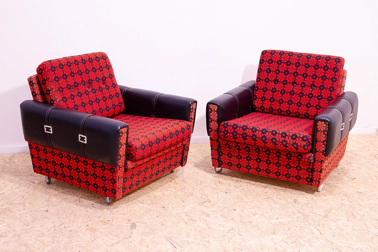 Pair of Czechoslovakian leatherette and fabric armchairs, 1970s 2