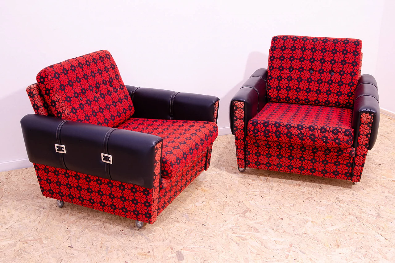 Pair of Czechoslovakian leatherette and fabric armchairs, 1970s 3