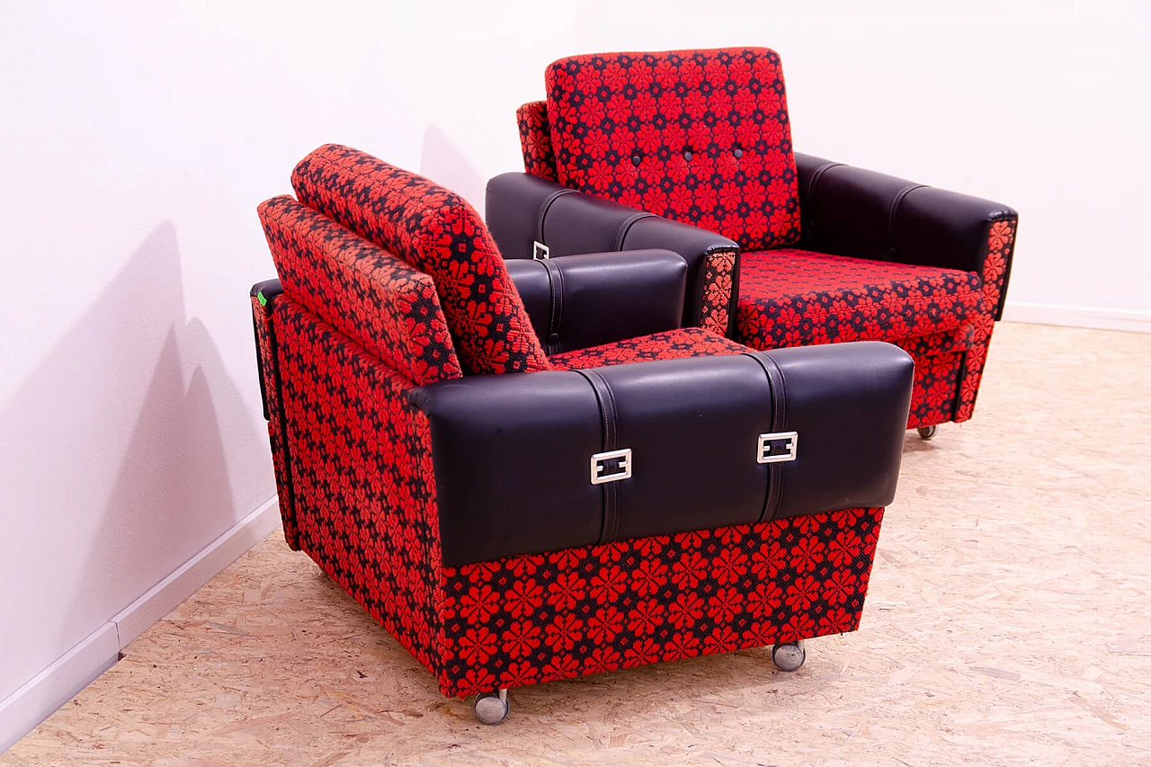 Pair of Czechoslovakian leatherette and fabric armchairs, 1970s 4