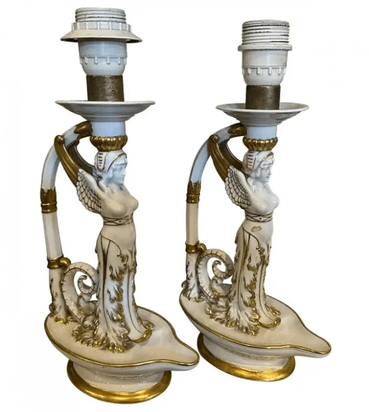 Coppia di lampade da tavolo in ceramica di Capodimonte bianca e oro, primo '900 1