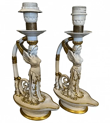 Coppia di lampade da tavolo in ceramica di Capodimonte bianca e oro, primo '900