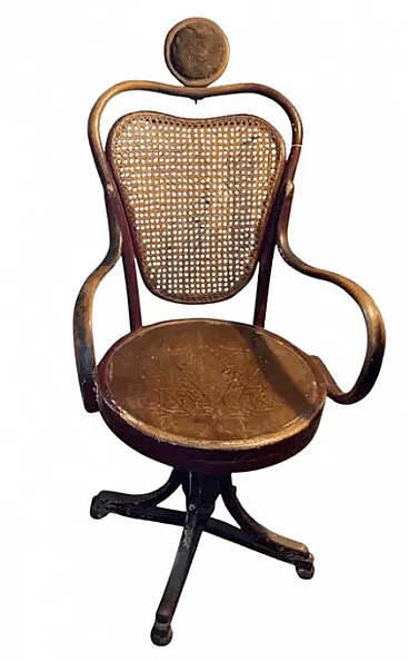 Tonet swivel barber's armchair in wood and wicker, early 20th century