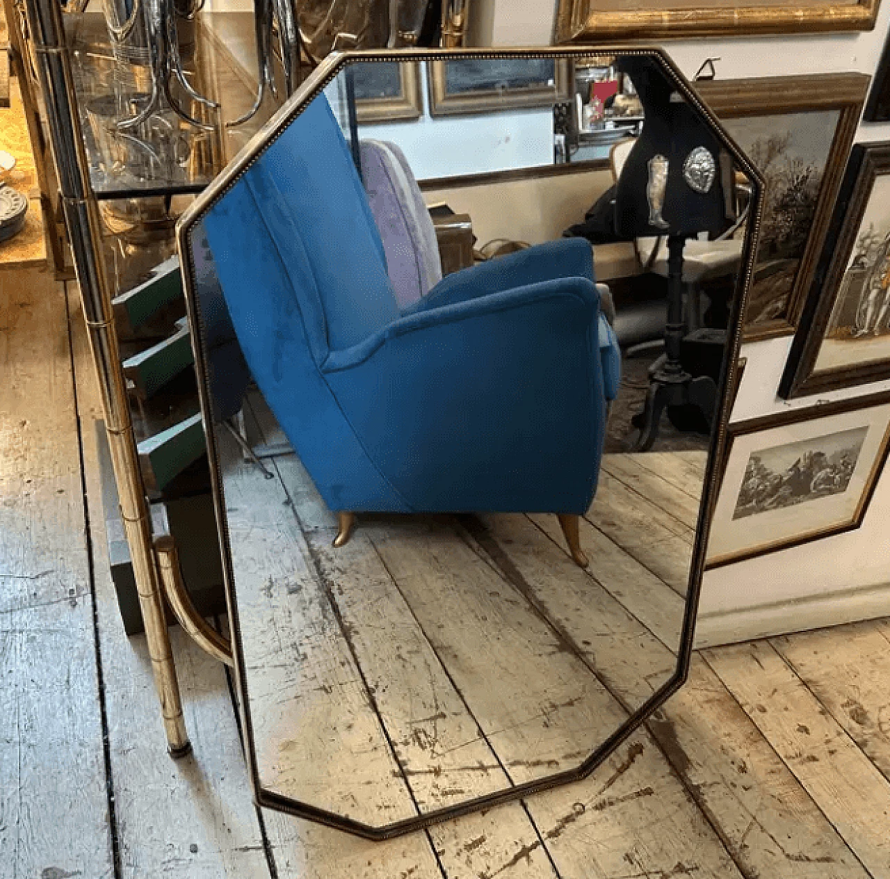 Brass octagonal wall mirror in the style of Gio Ponti, 1960s 2