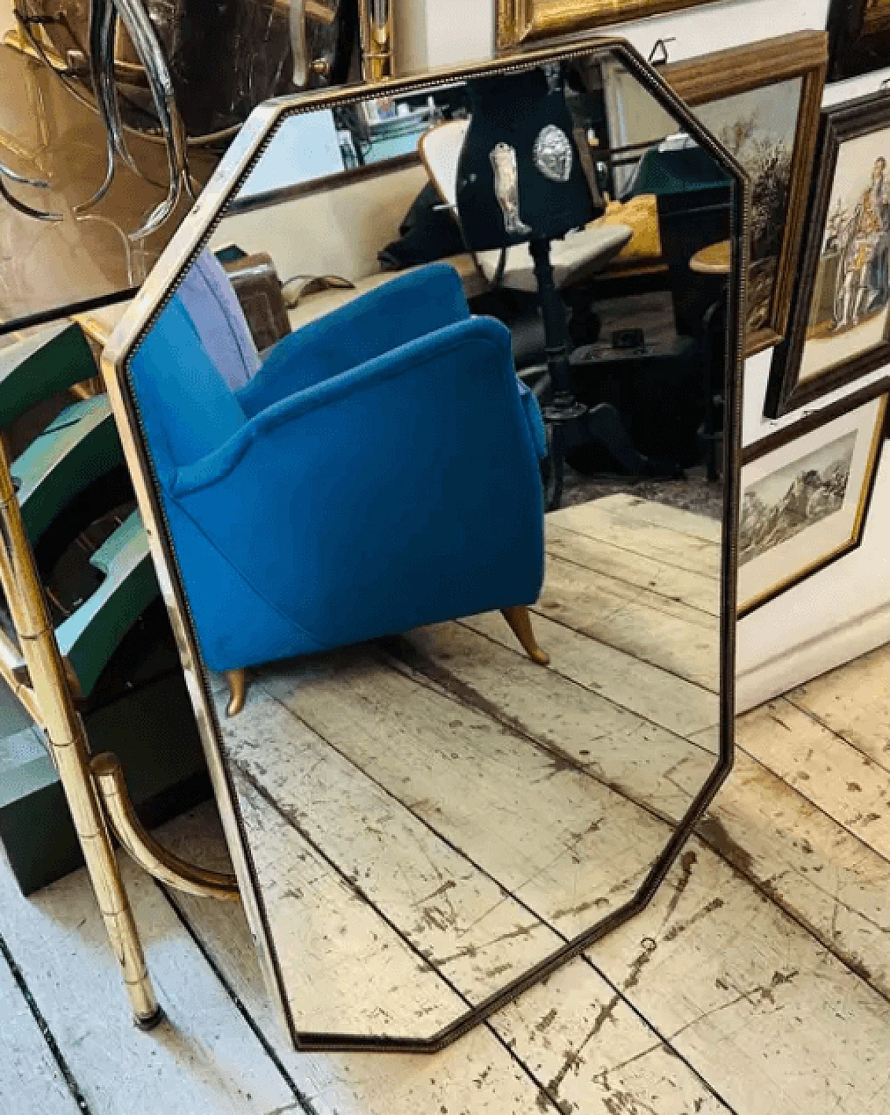 Brass octagonal wall mirror in the style of Gio Ponti, 1960s 4