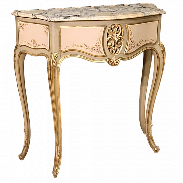Lacquered, gilded and painted wood console with marble top, 1960s
