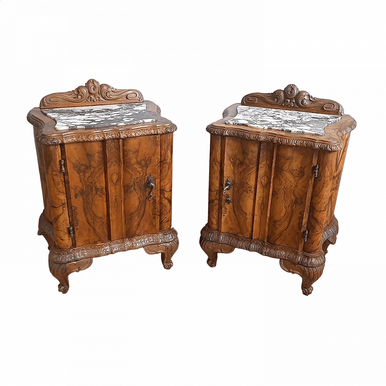 Pair of Barocchetto style solid walnut and marble bedside tables, 1930s 9