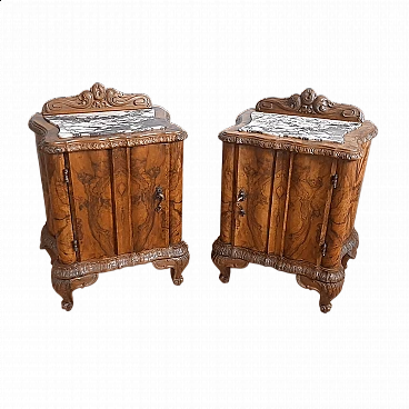 Pair of Barocchetto style solid walnut and marble bedside tables, 1930s