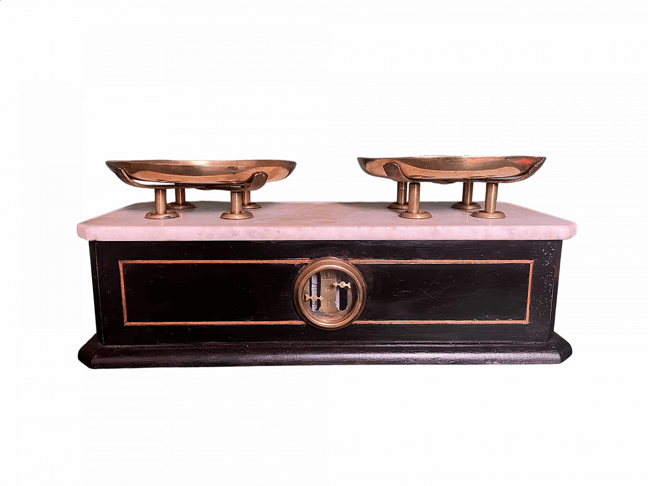 Two-plate scales made of brass, wood and marble, 1920s 18