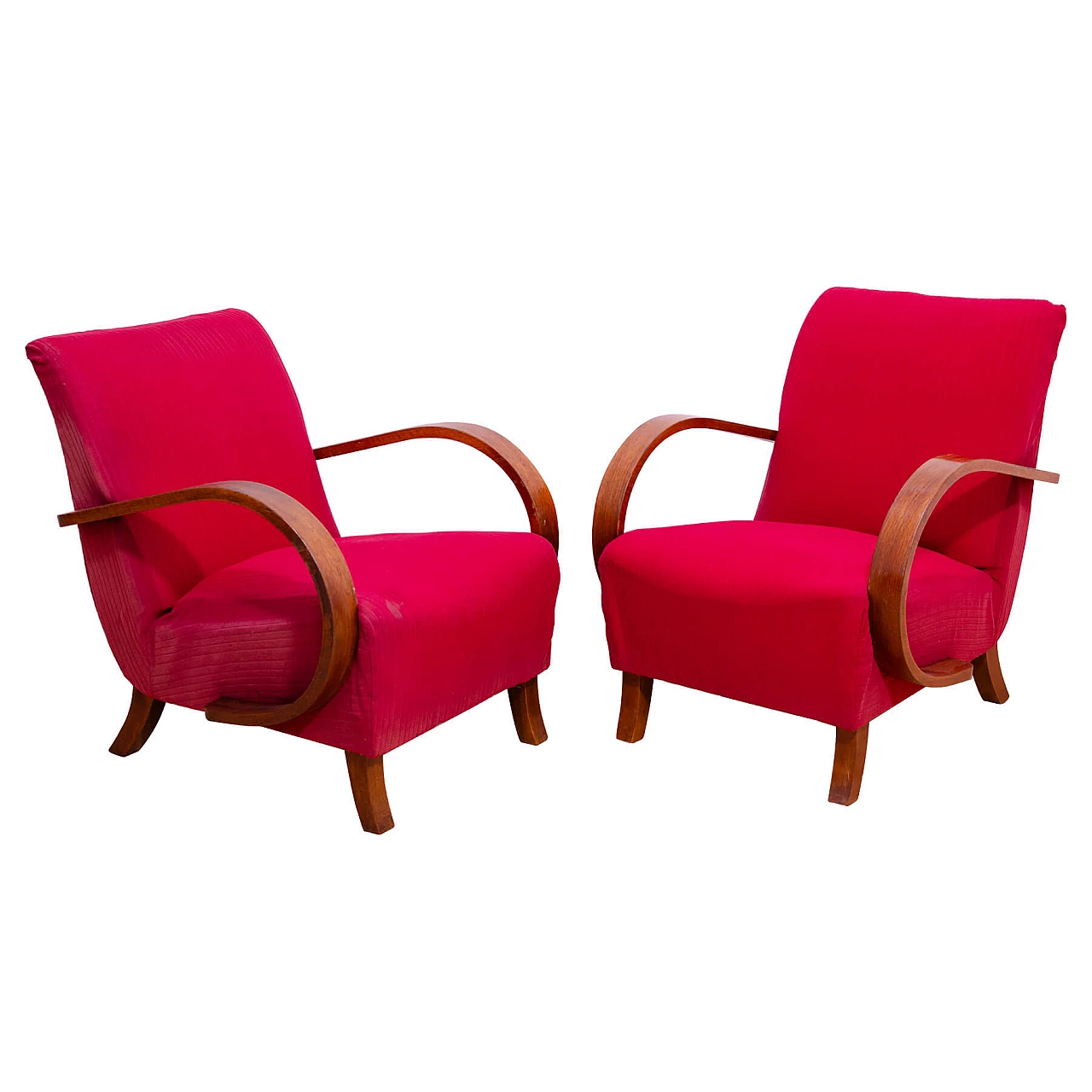 Pair of bent wood and red fabric armchairs by Jindřich Halabala for UP Závody, 1950s 1
