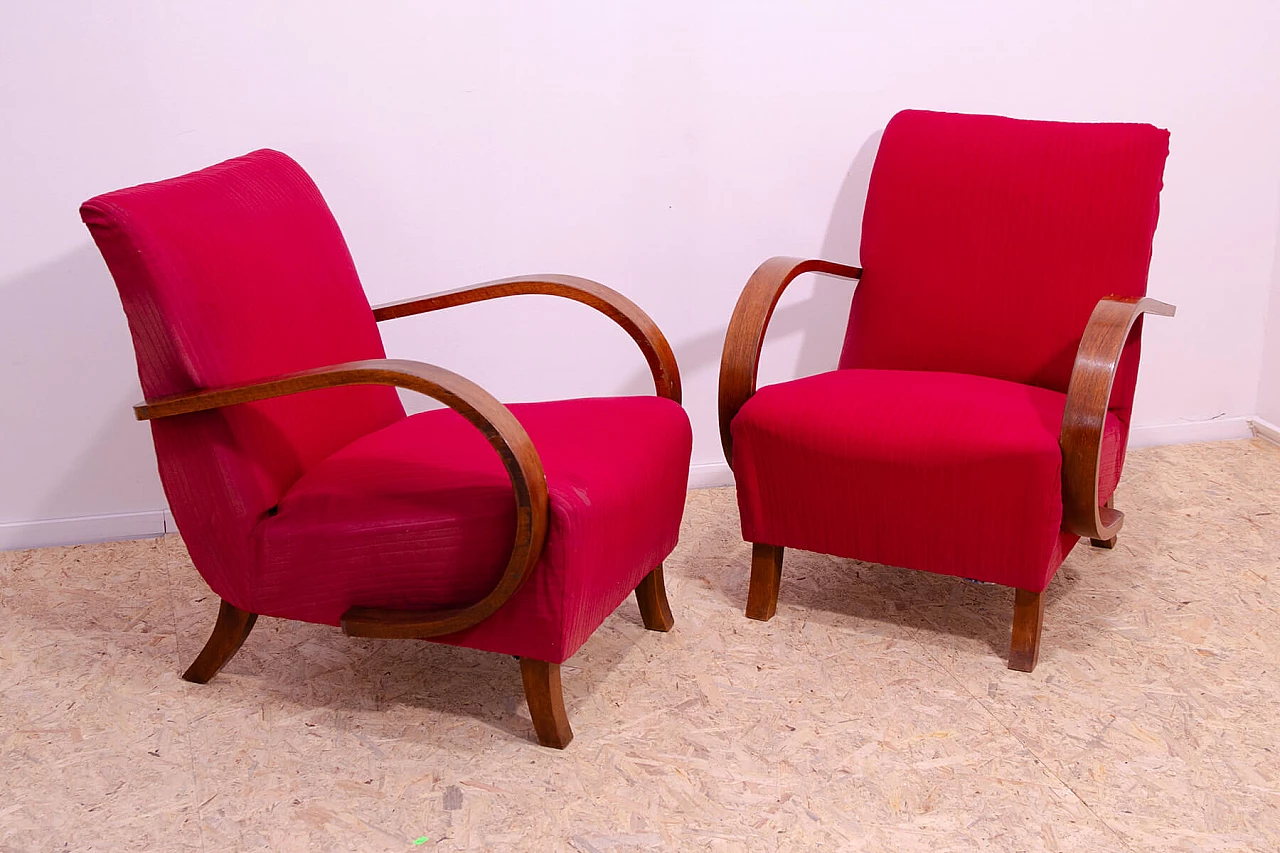 Pair of bent wood and red fabric armchairs by Jindřich Halabala for UP Závody, 1950s 2