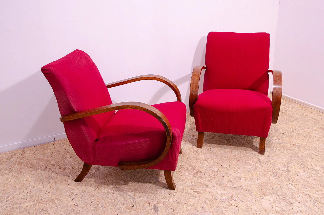 Pair of bent wood and red fabric armchairs by Jindřich Halabala for UP Závody, 1950s 3