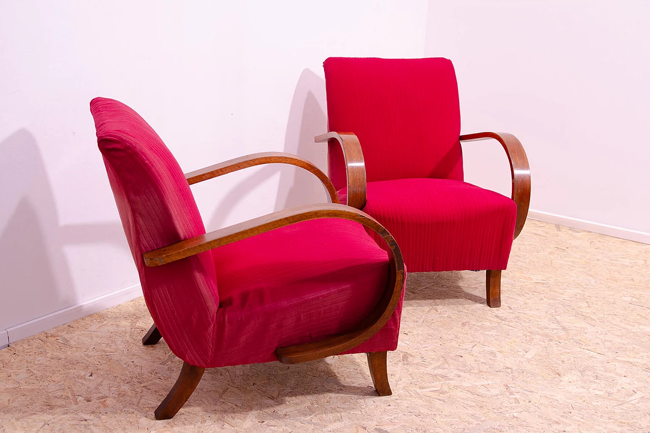 Pair of bent wood and red fabric armchairs by Jindřich Halabala for UP Závody, 1950s 4