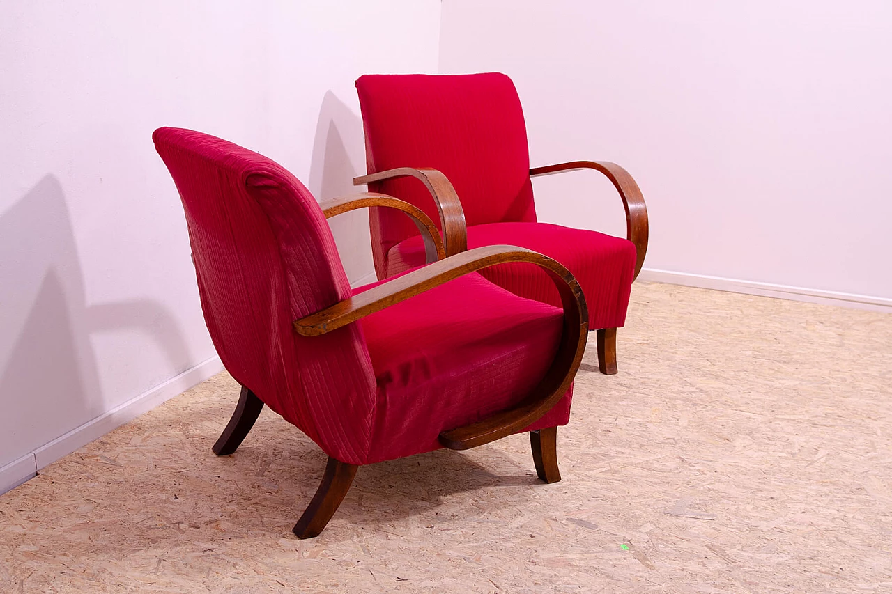 Pair of bent wood and red fabric armchairs by Jindřich Halabala for UP Závody, 1950s 5