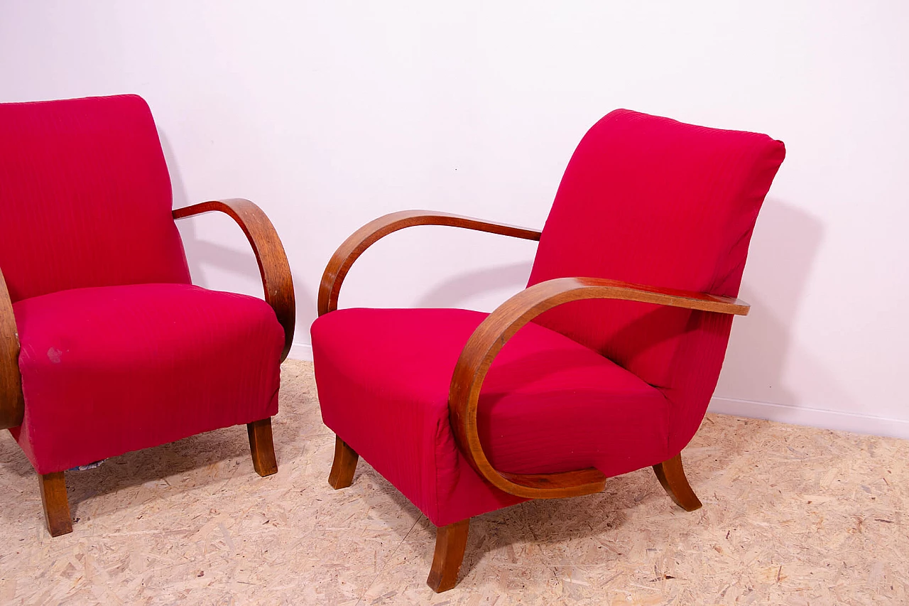 Pair of bent wood and red fabric armchairs by Jindřich Halabala for UP Závody, 1950s 6
